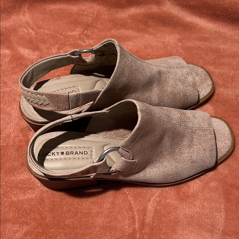 Lucky Brand Taupe Open-Toe Slip-Ons